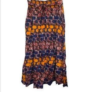 Karan free size midi length multi color print tie waist skirt.